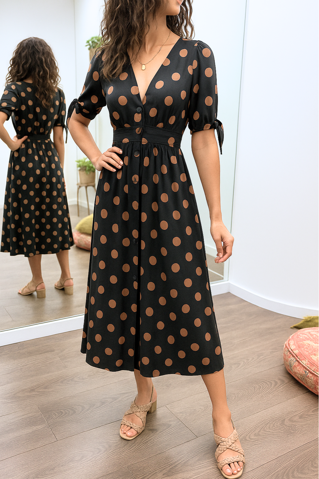 Noor™ | Polkadot Midi Jurk Met V-Hals