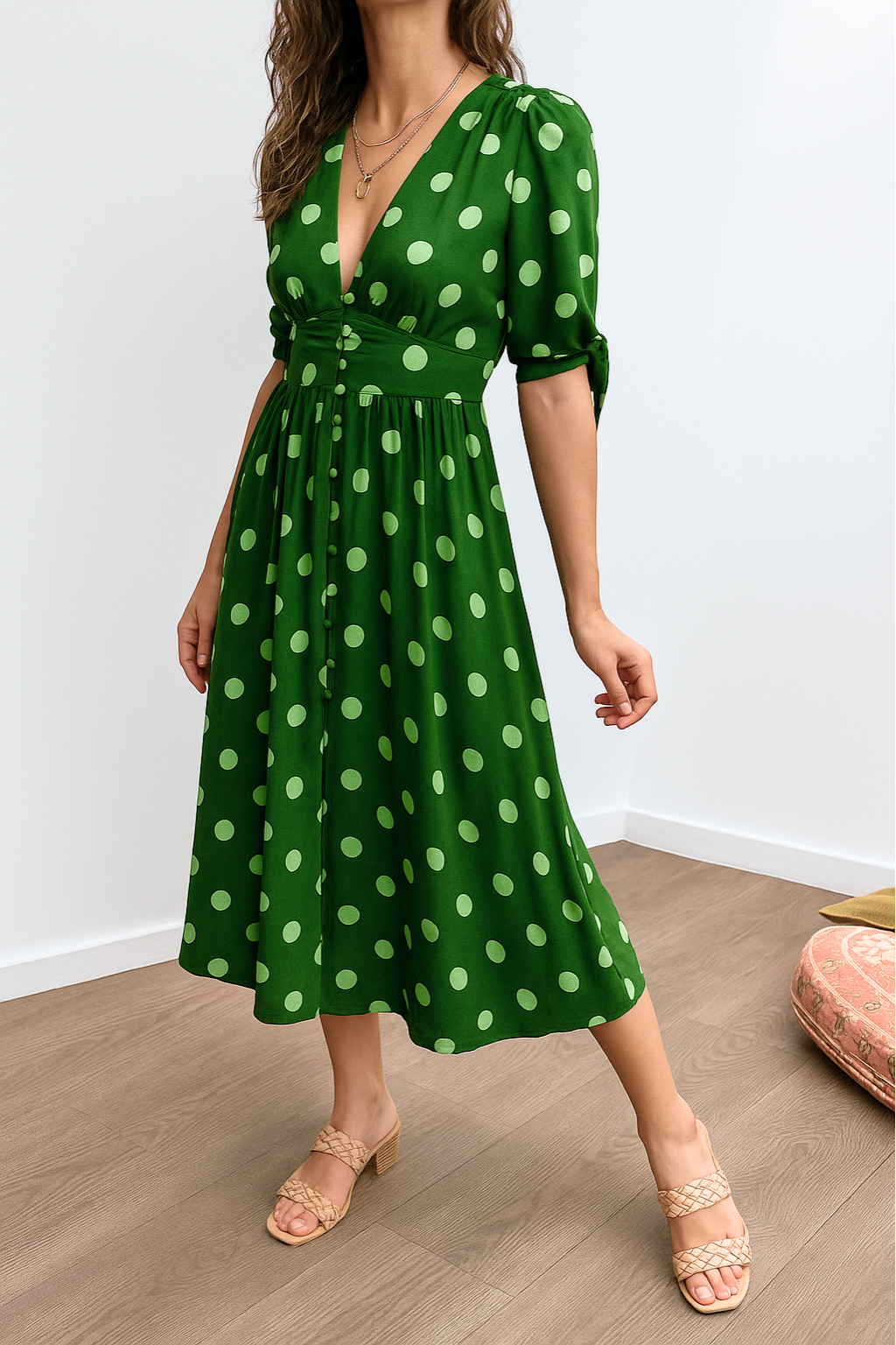 Noor™ | Polkadot Midi Jurk Met V-Hals