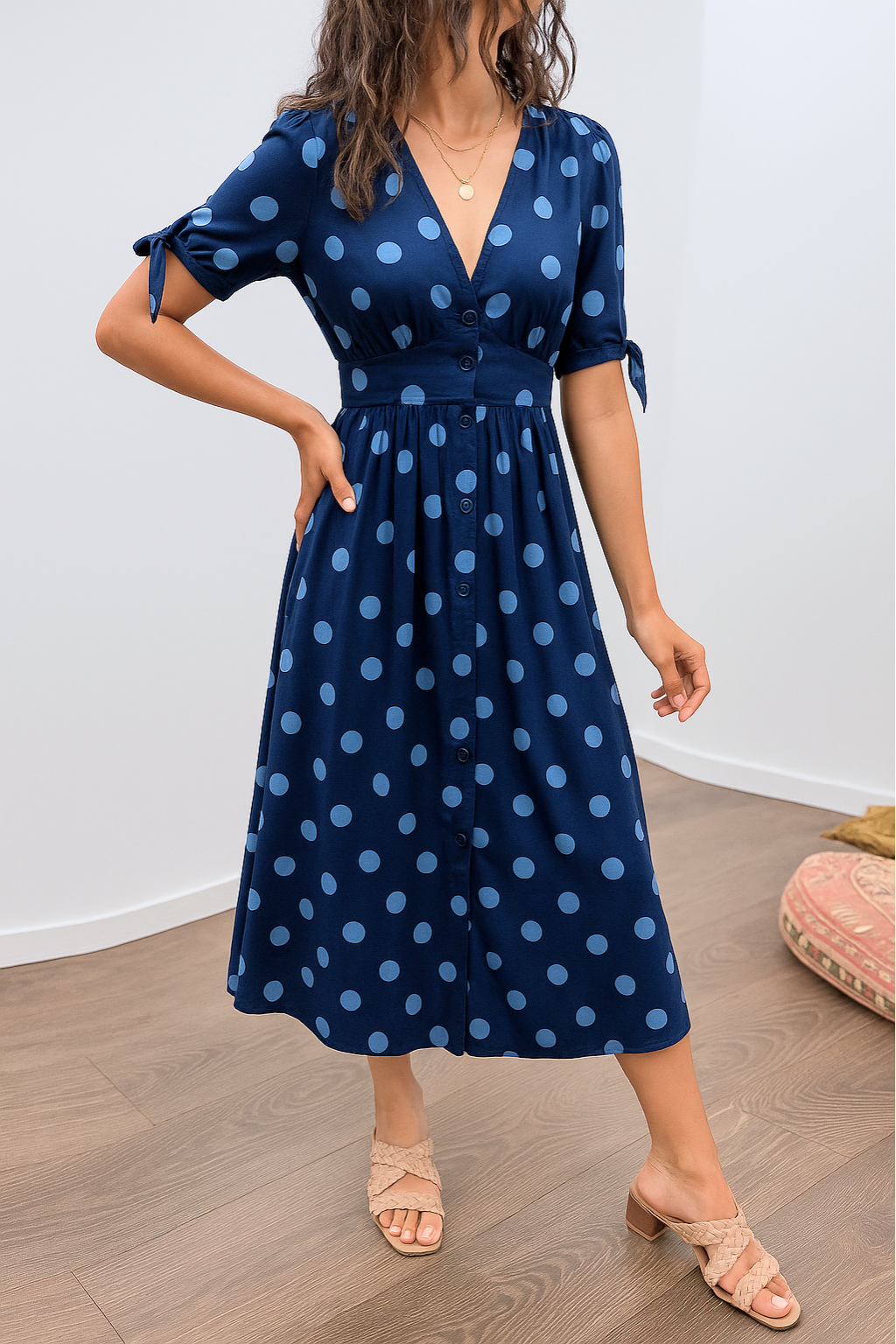 Noor™ | Polkadot Midi Jurk Met V-Hals