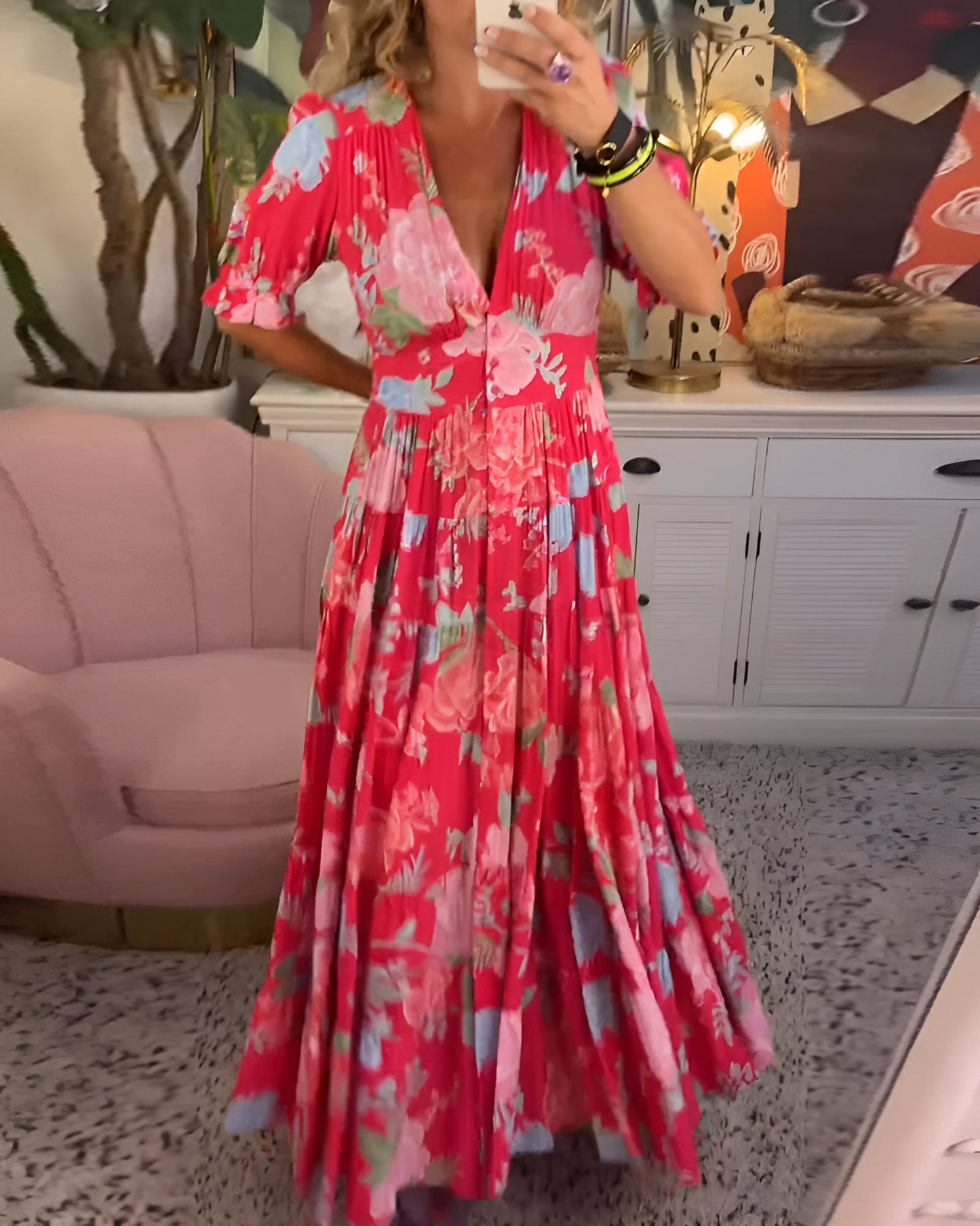 Femke™ | Bloemenprint V-Hals Jurk Met Zakjes