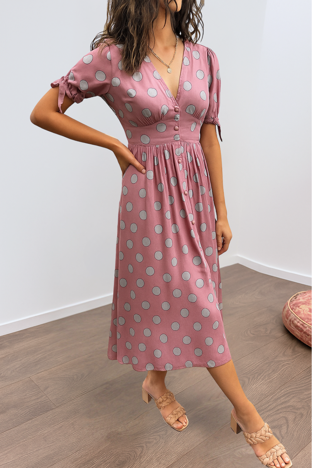Noor™ | Polkadot Midi Jurk Met V-Hals