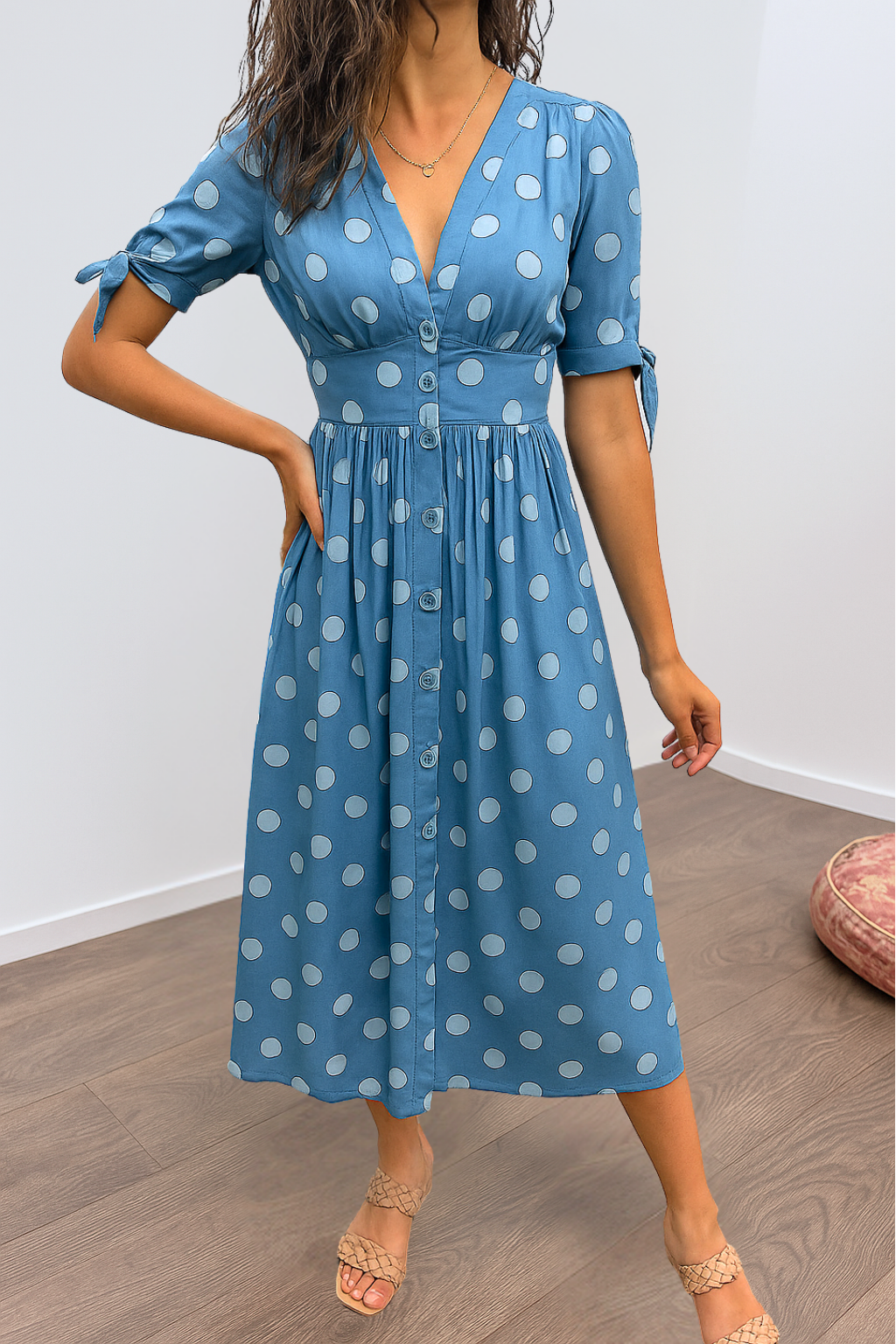 Noor™ | Polkadot Midi Jurk Met V-Hals