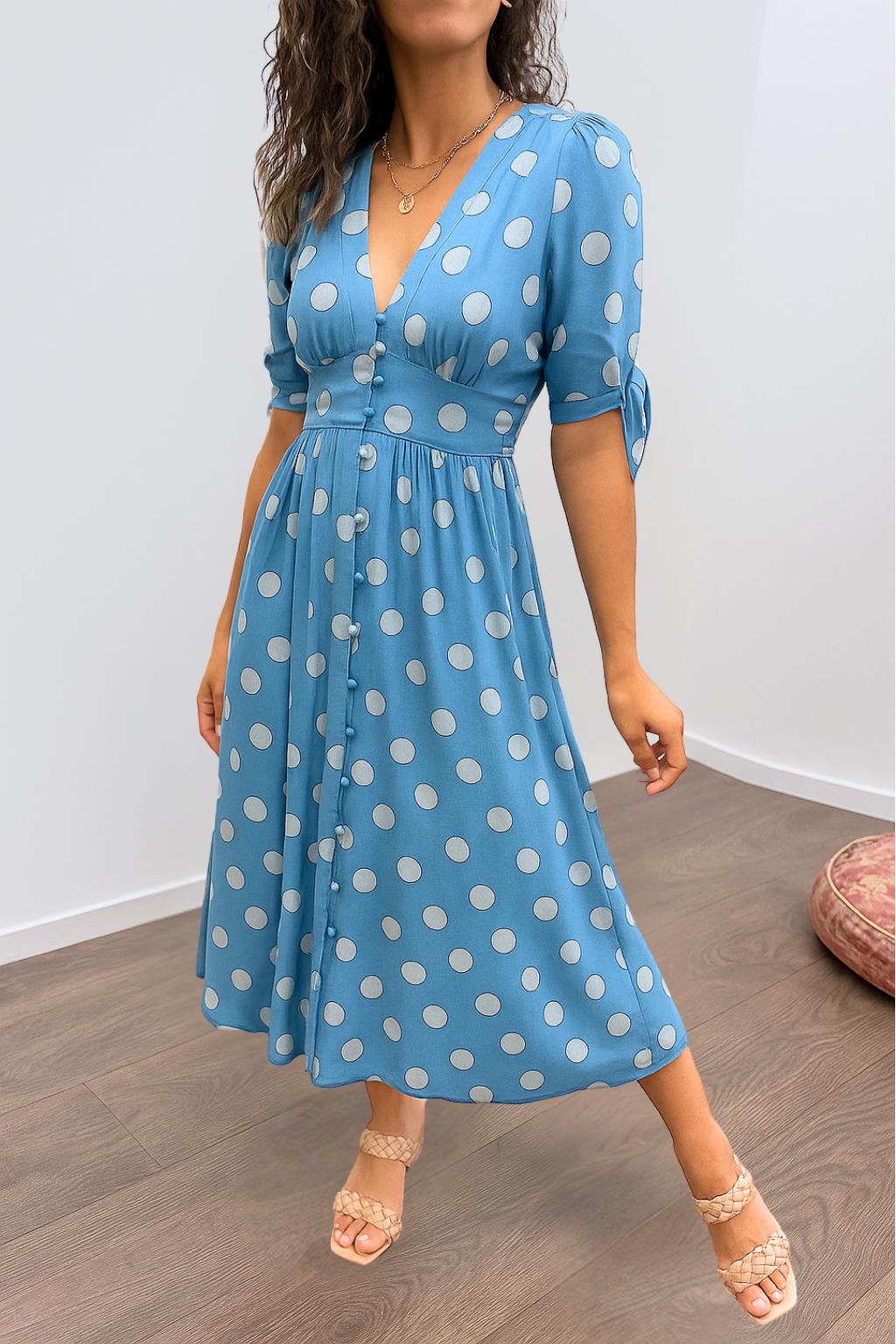 Noor™ | Polkadot Midi Jurk Met V-Hals