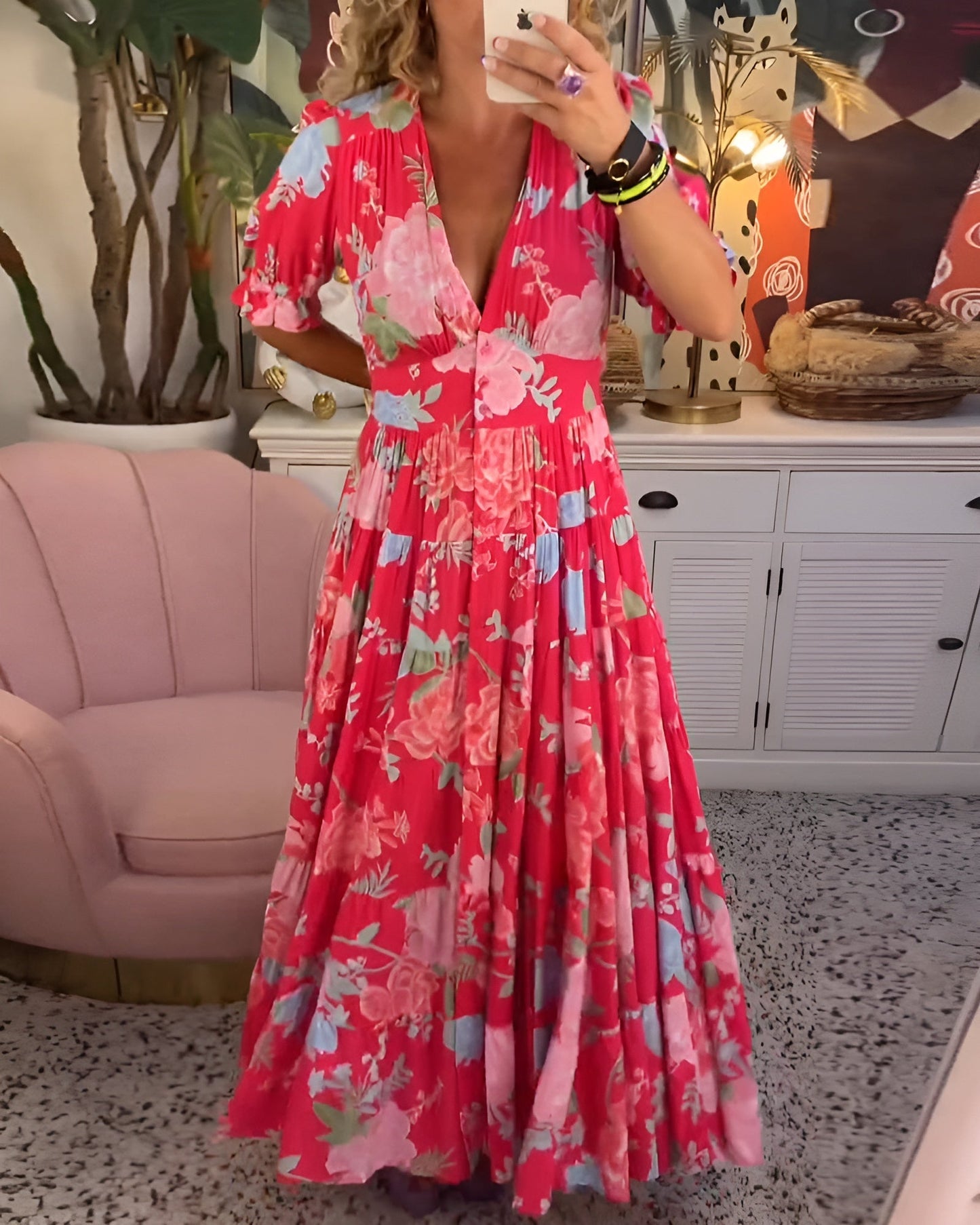 Femke™ | Bloemenprint V-Hals Jurk Met Zakjes