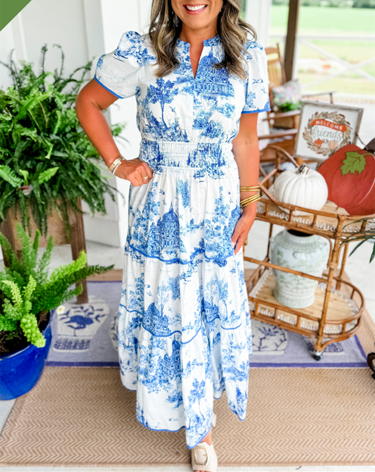 Eliza™ | Klassieke Toile Maxi Jurk
