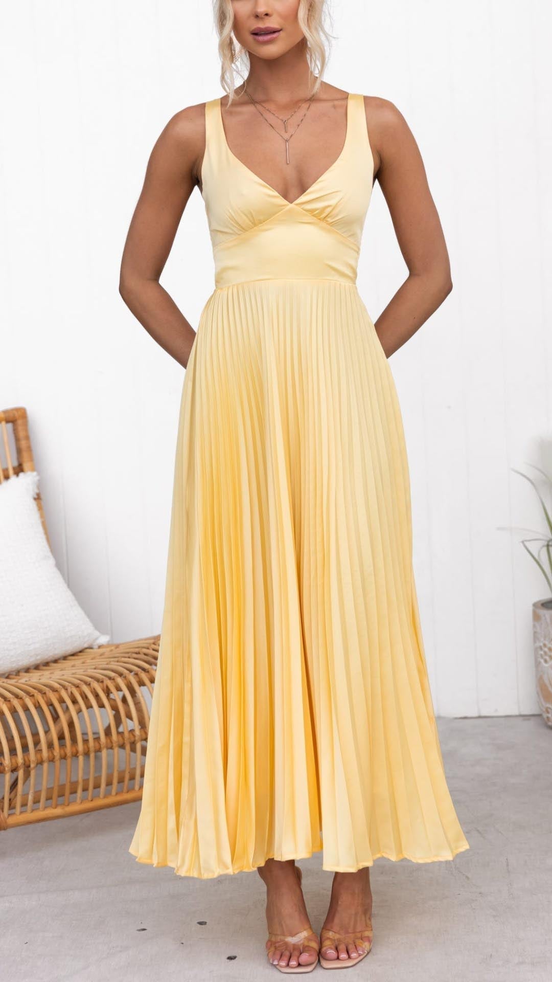 Noor™|Gele geplooide elegante V-hals maxi jurk