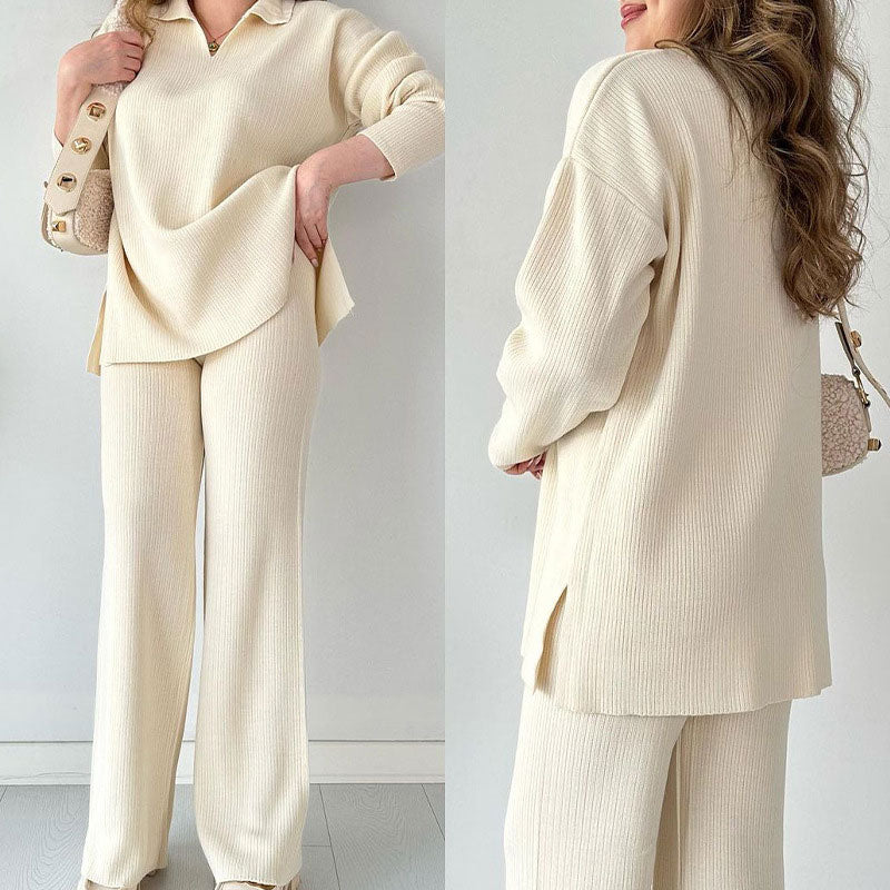 Nore™|Casual tweedelige set met pullover met v-hals en split