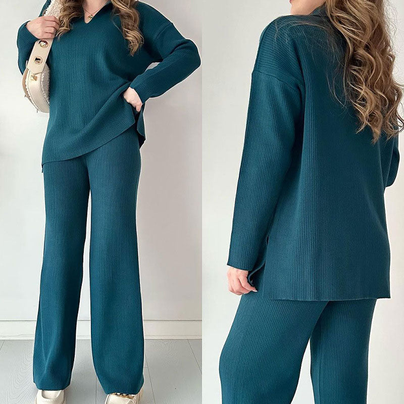Nore™|Casual tweedelige set met pullover met v-hals en split