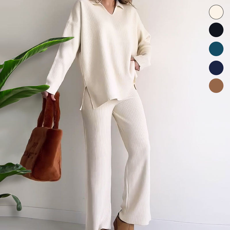 Nore™|Casual tweedelige set met pullover met v-hals en split