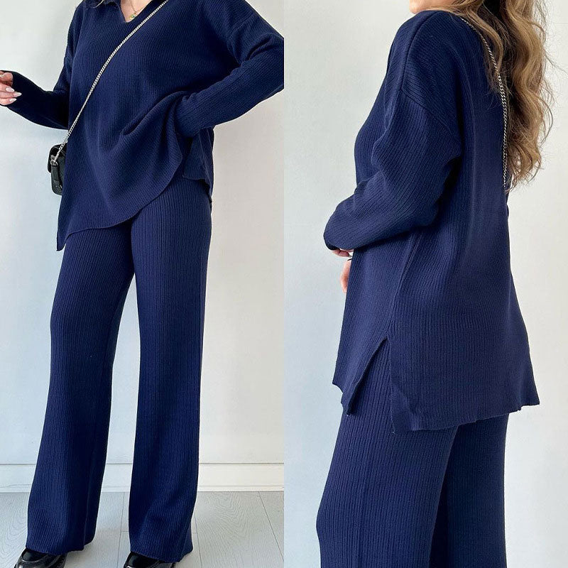 Nore™|Casual tweedelige set met pullover met v-hals en split