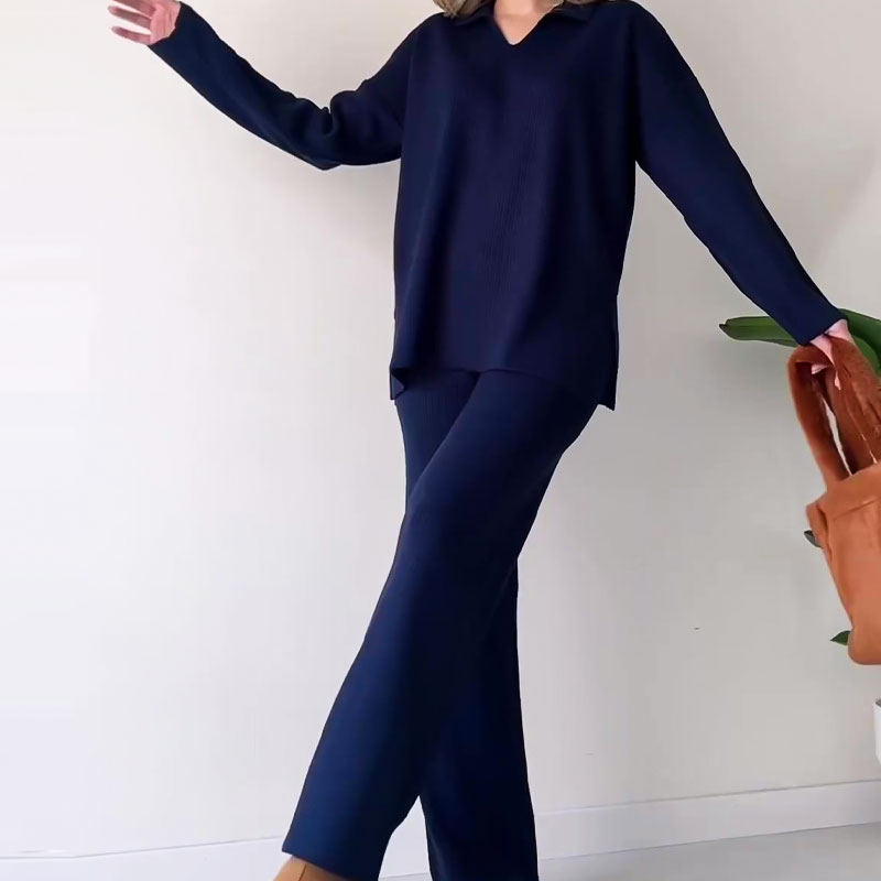 Nore™|Casual tweedelige set met pullover met v-hals en split