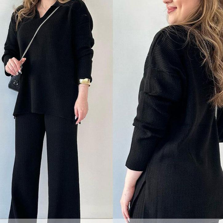 Nore™|Casual tweedelige set met pullover met v-hals en split