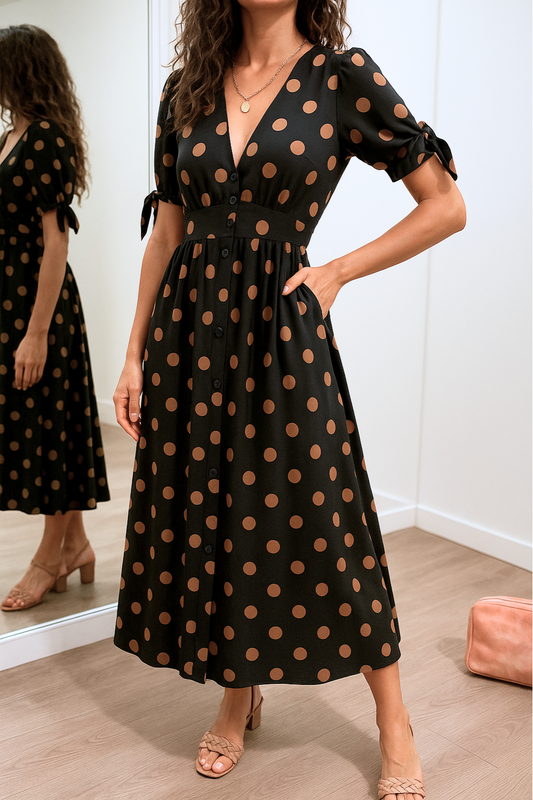 Noor™ | Polkadot Midi Jurk Met V-Hals 