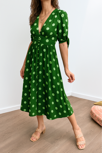 Noor™ | Polkadot Midi Jurk Met V-Hals 
