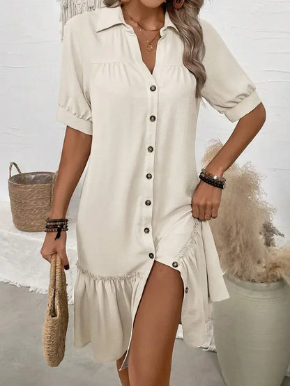 Fenna™ | Button-Down Jurk Met Ruches Zoom 