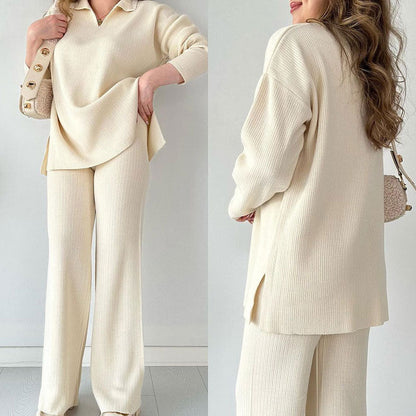 Nore™|Casual tweedelige set met pullover met v-hals en split