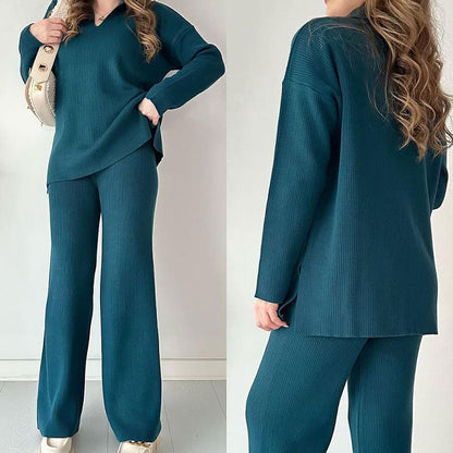 Nore™|Casual tweedelige set met pullover met v-hals en split