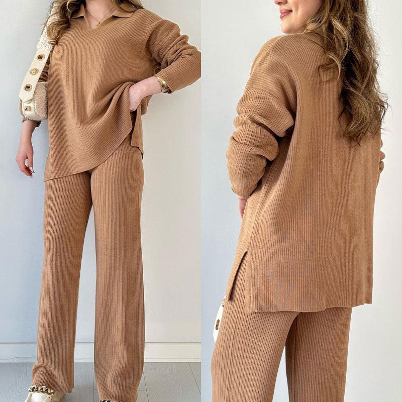 Nore™|Casual tweedelige set met pullover met v-hals en split