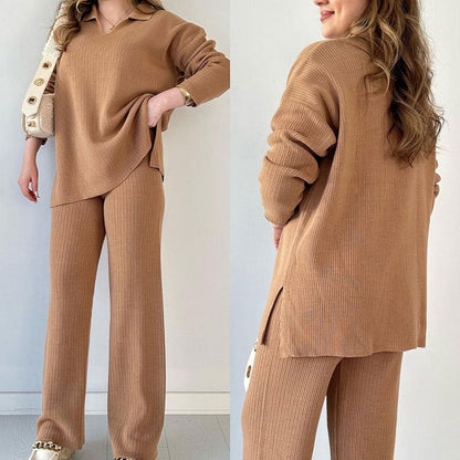 Nore™|Casual tweedelige set met pullover met v-hals en split