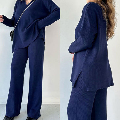 Nore™|Casual tweedelige set met pullover met v-hals en split